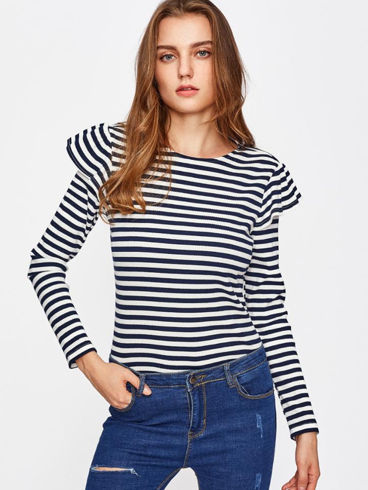 Shein Ruffle Embellished Rib Knit Striped Top