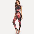 Shein Leaf Print Ruffle Skinny Jumpsuit
