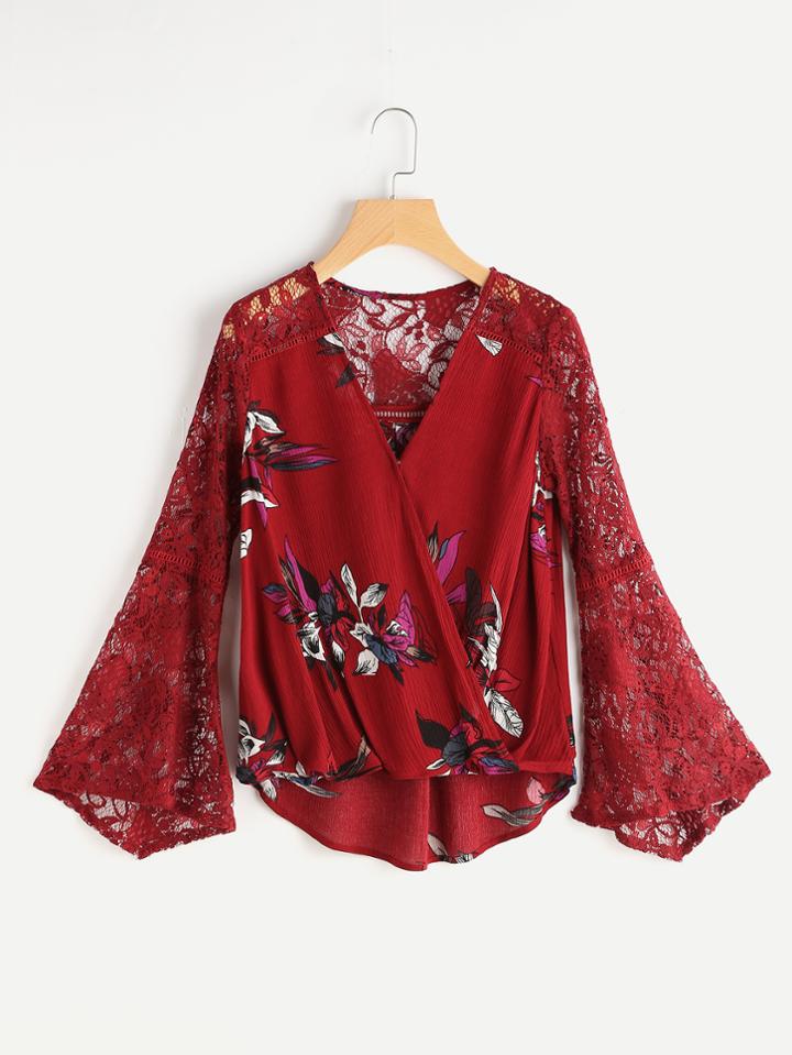 Shein Surplice Neckline Florals Contrast Lace Top