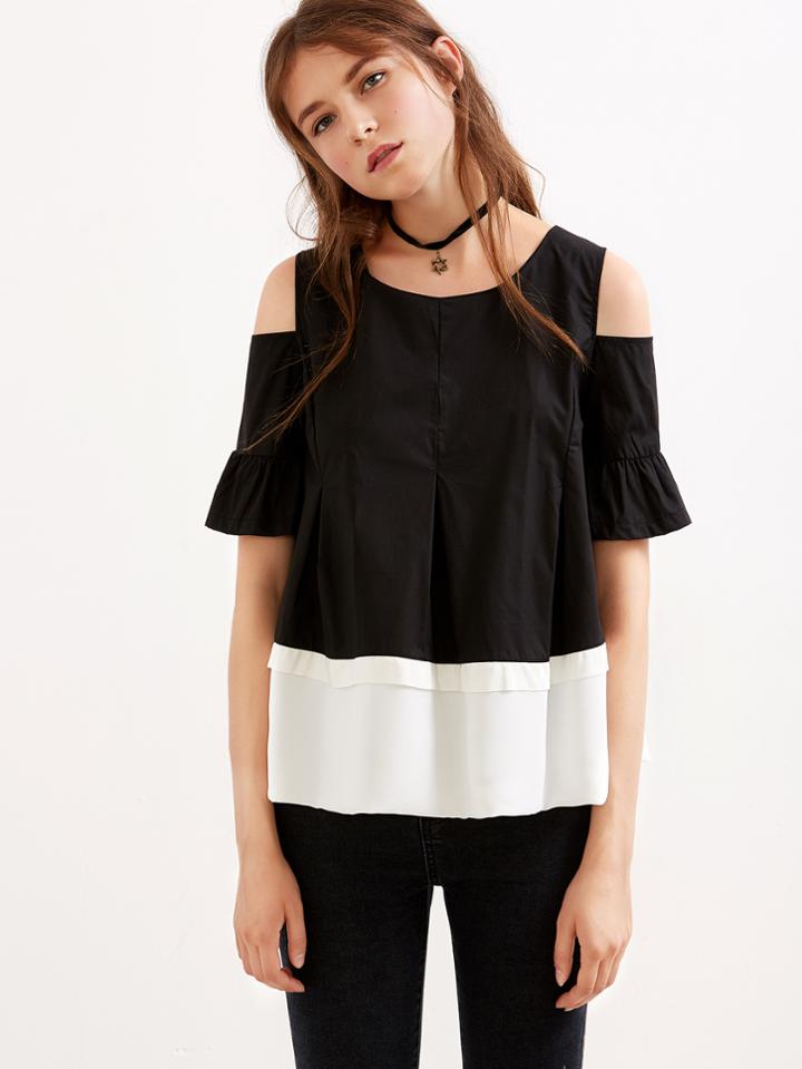 Shein Color Block Open Shoulder Pleated Top