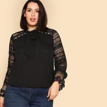 Shein Plus Tie Neck Geo Lace Sleeve Blouse