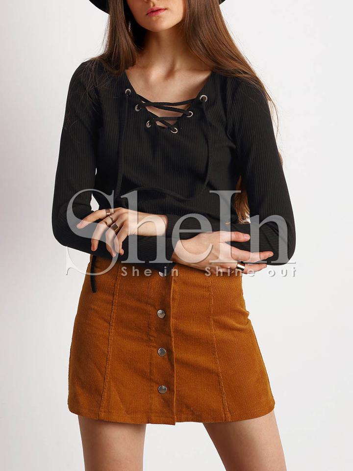 Shein Black Lace Up Neck Blouse
