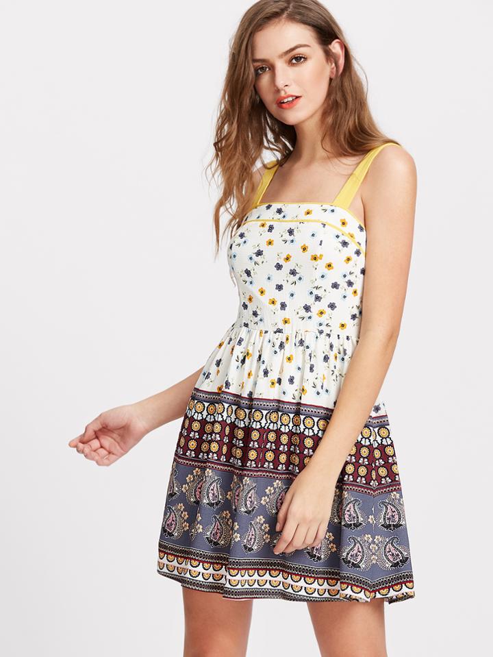 Shein Thick Strap Piping Detail Smock Floral Dress