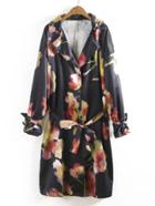 Shein Flower Print Self Tie Satin Trench Coat