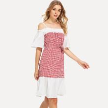 Shein Self Tie Frill Trim Gingham Dress