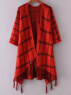 Shein Red Plaid Dolman Sleeve Fringe Poncho Sweater