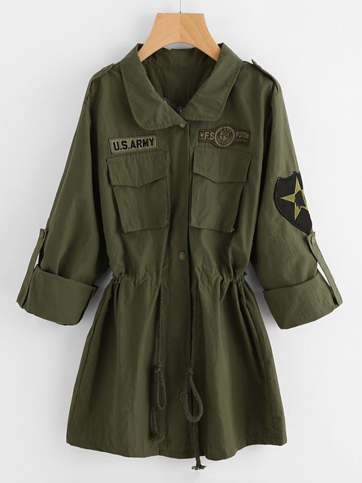 Shein Embroidered Patches Detail Drawstring Waist Utility Jacket