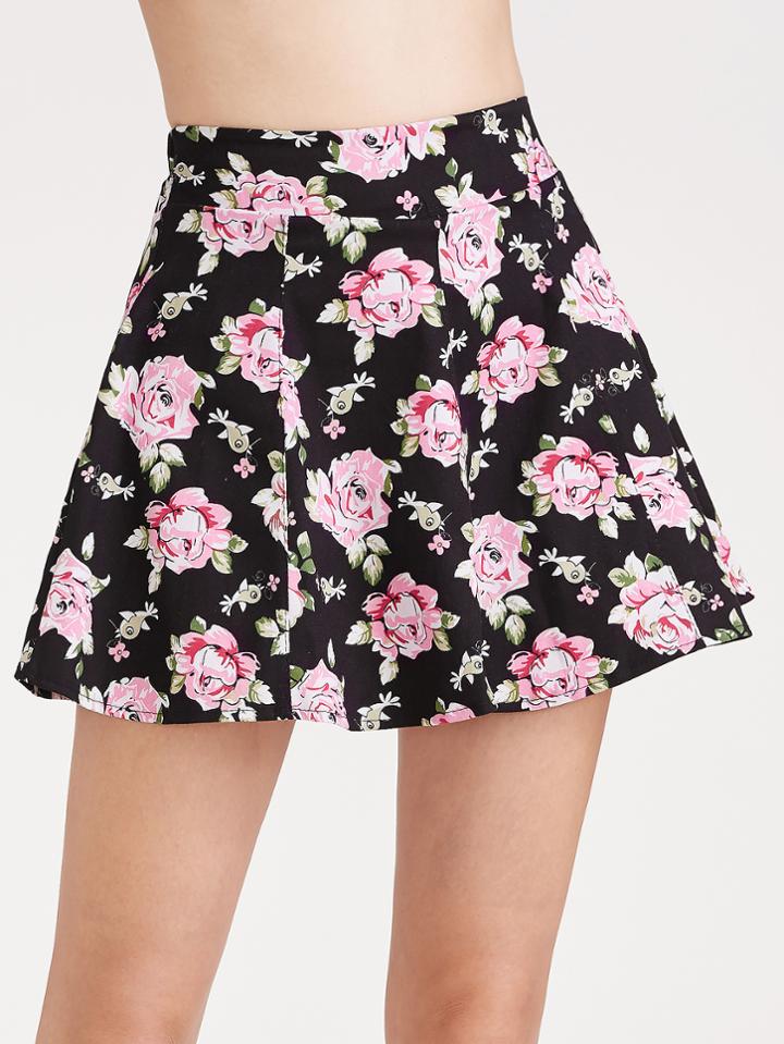 Shein Black Floral Print A-line Skirt