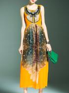 Shein Yellow Beading Elastic-waist Long Dress