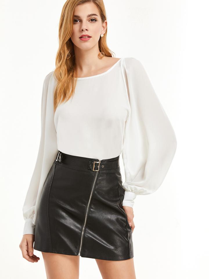 Shein White Lantern Sleeve Keyhole Back Curved Hem Blouse