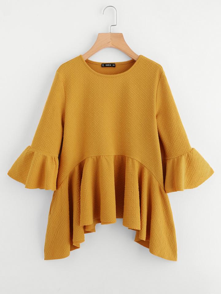 Shein Trumpet Sleeve Asymmetric Flounce Hem Textured Top