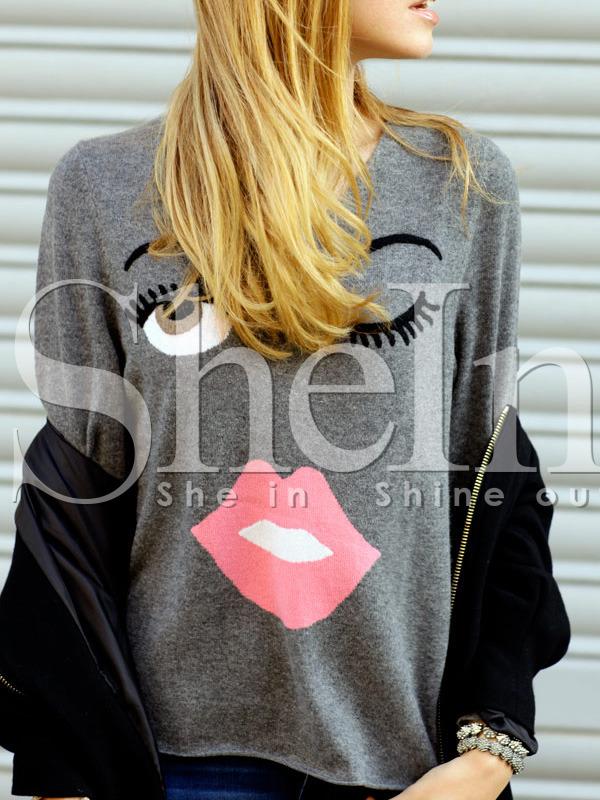 Shein Grey Long Sleeve Print T-shirt