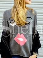 Shein Grey Long Sleeve Print T-shirt