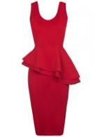 Rosewe Frills Decorated Round Neck Red Dress