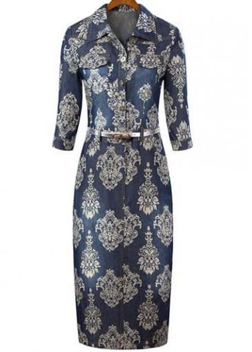 Rosewe European Style Turndown Collar Half Sleeve Print Tight Dress