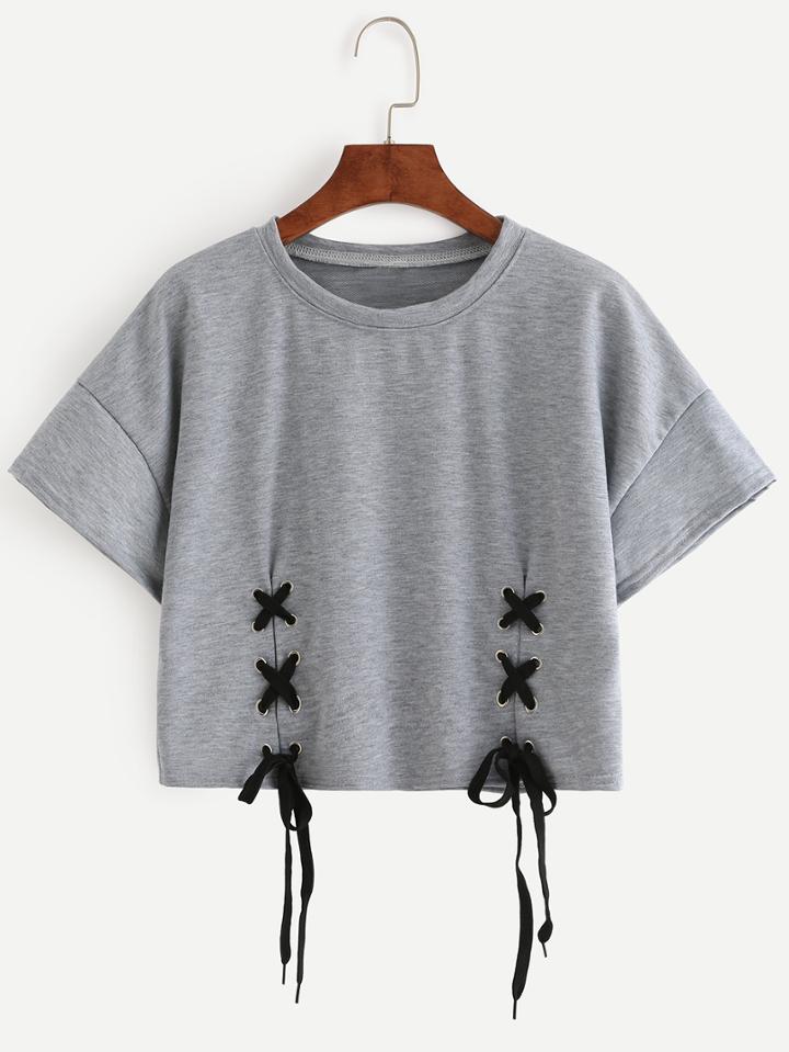 Shein Grey Dropped Shoulder Seam Lace Up T-shirt