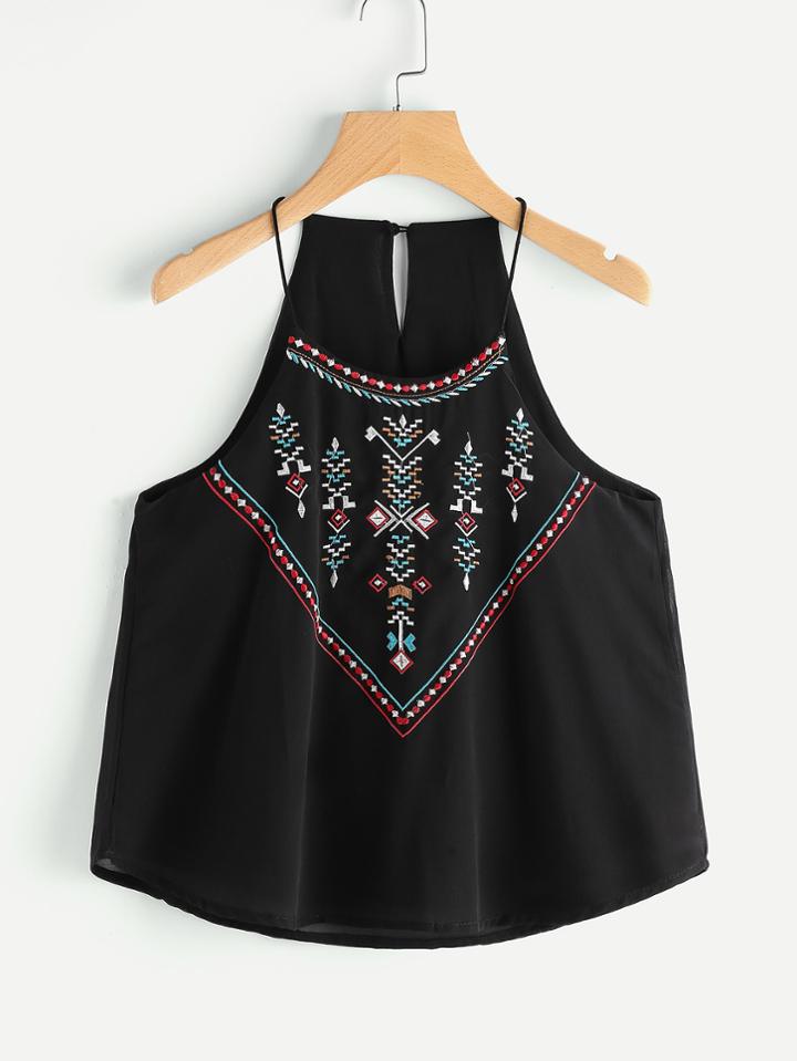 Shein Aztec Embroidered Keyhole Back Cami Top