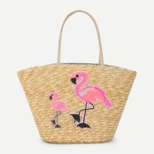 Shein Flamingo Pattern Straw Tote Bag