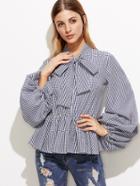 Shein Navy Gingham Tie Neck Lantern Sleeve Peplum Blouse