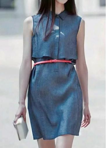 Rosewe Denim Blue Shirt Collar Sleeveless Straight Dress