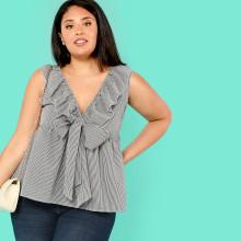 Shein Plus Bow Tied Ruffle Trim Gingham Peplum Top