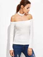 Shein White Off The Shoulder Ribbed T-shirt With Choker