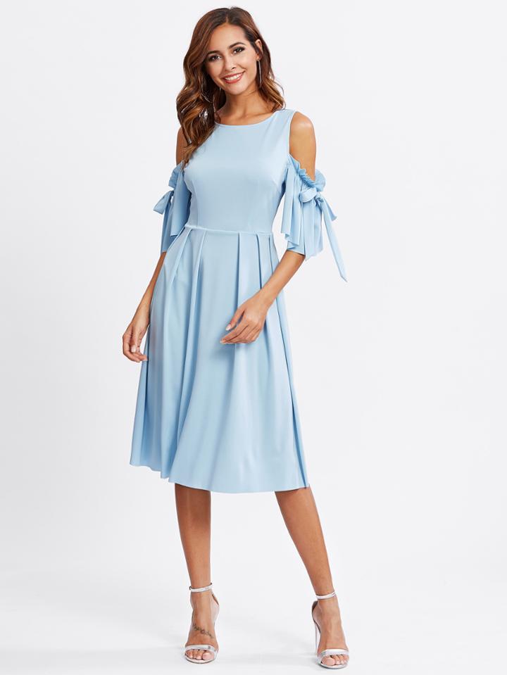 Shein Bow Tie Flutter Sleeve Pleated Fit & Flared Dress