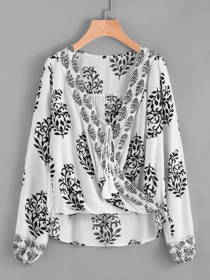 Shein Damask Print Tie Front Wrap Top