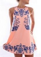 Rosewe Blue Porcelain Print Pink Shift Dress