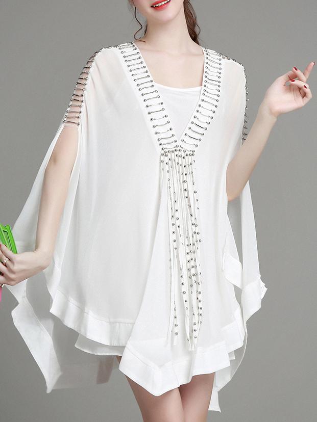 Shein White V Neck Beading Cape Dress