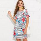 Shein Floral And Striped Print Tunic Dress