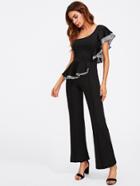 Shein Oblique Shoulder Tiered Frill Trim Peplum Jumpsuit