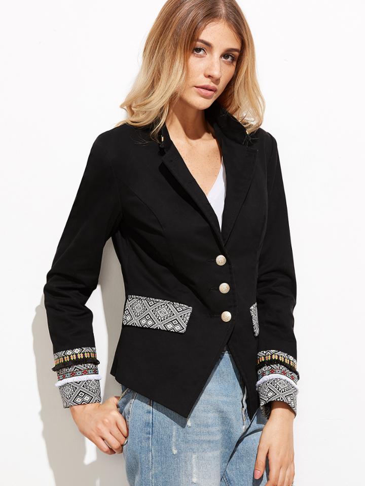Shein Black Single Breasted Blazer With Geo Jacquard Detail