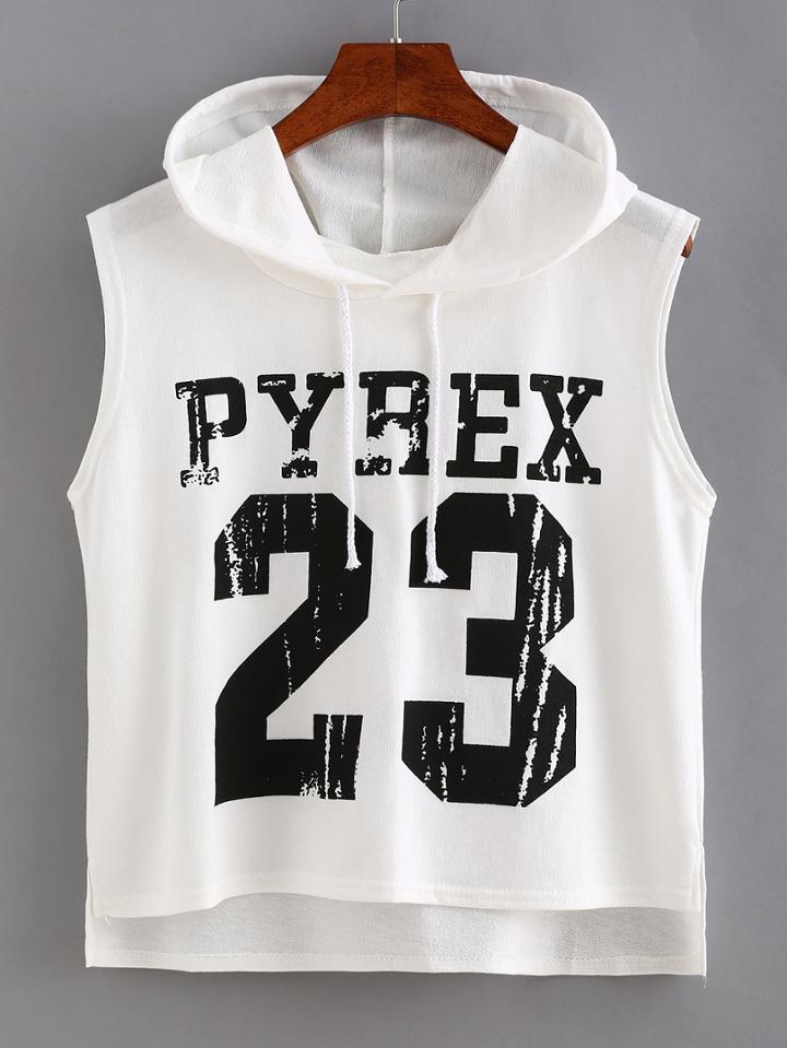 Shein Varsity Print High-low Hooded Top - White