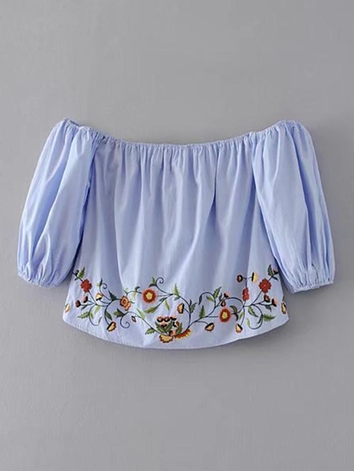 Shein Bardot Flower Embroidered Blouse
