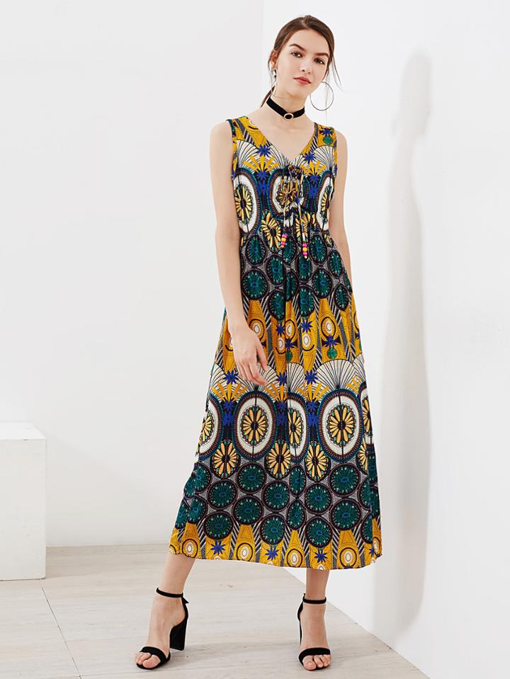 Shein Ornate Print Beaded Tie Neck Dress