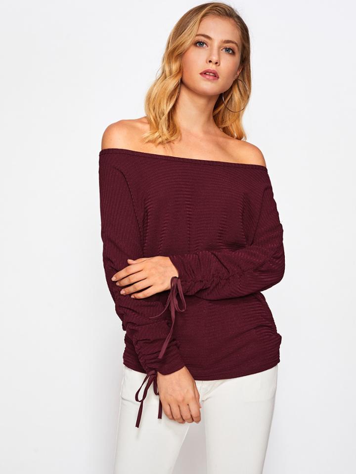 Shein Off Shoulder Drawstring Cuff Knit Sweater