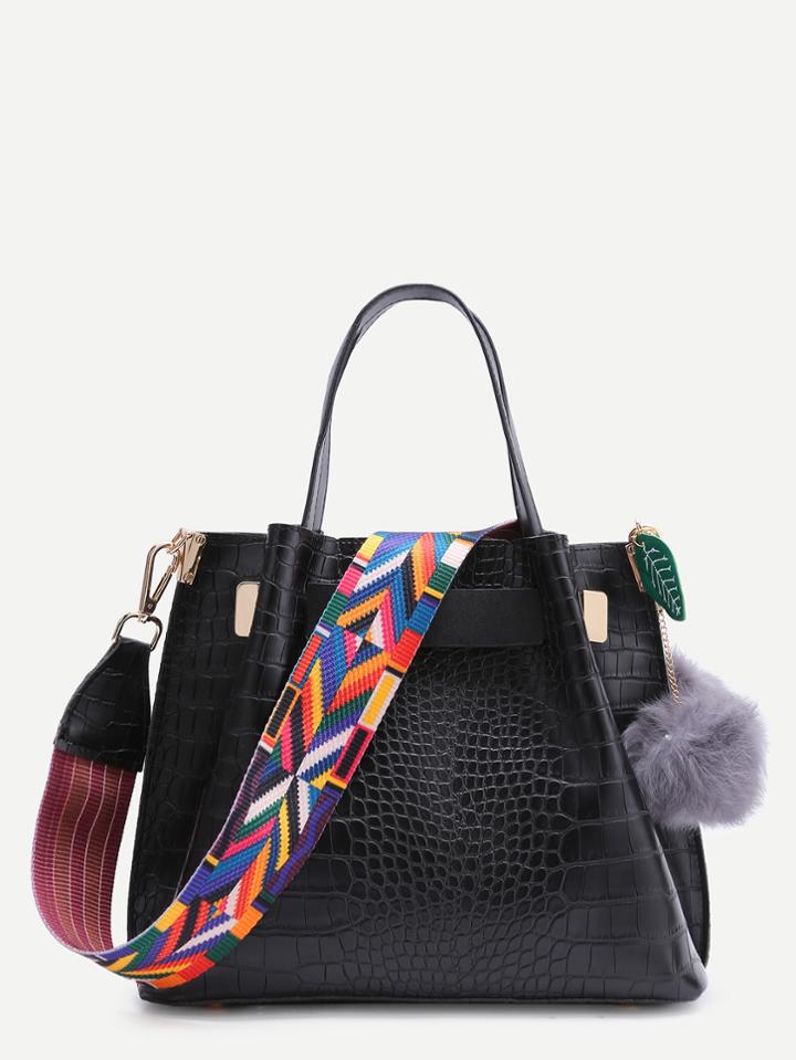 Shein Black Croc Embossed Faux Leather Wide Strap Tote Bag