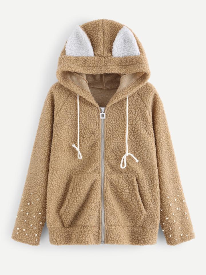 Shein Pearl Beaded Contrast Ear Hooded Fluffy Jacket