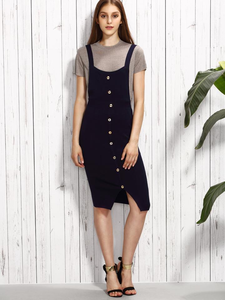 Shein Navy Button Front Knitted Overall Dress