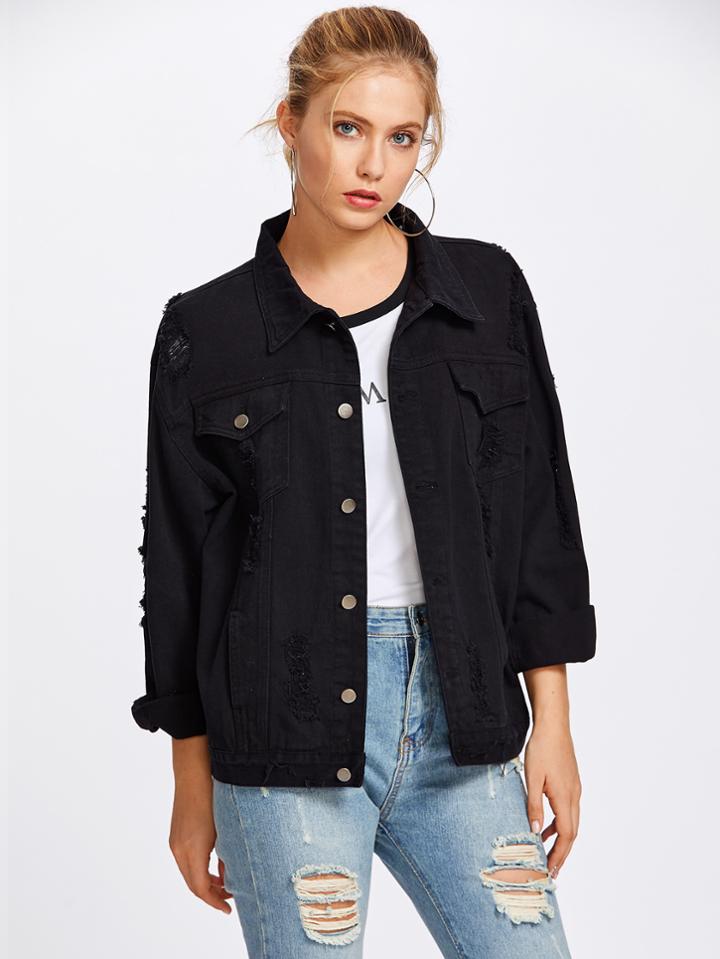 Shein Black Wash Distressed Denim Jacket