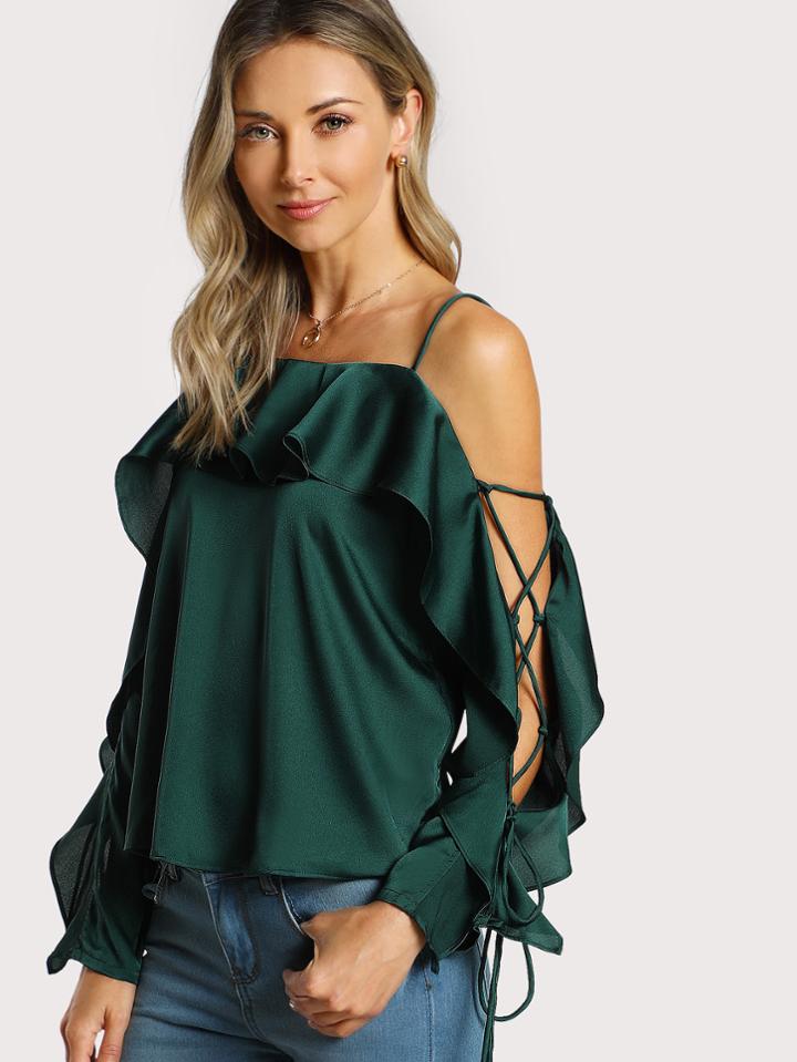 Shein Lace Up Sleeve Flounce Trim Top