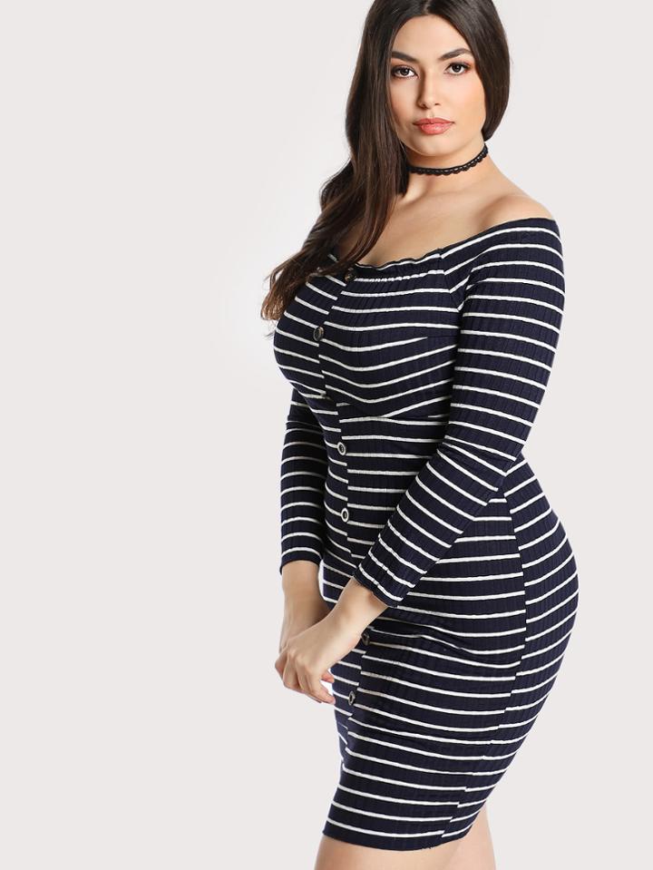 Shein Striped Off Shoulder Button Down Dress