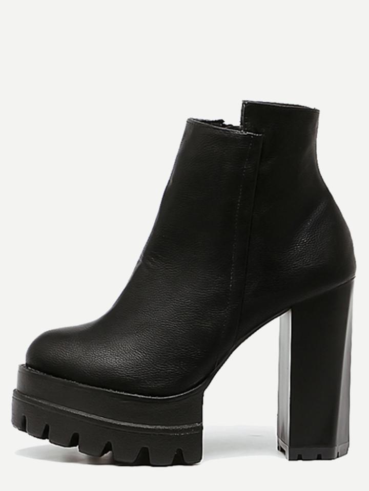 Shein Black Faux Leather Side Zipper High Heel Platform Boots