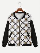 Shein White Badge Print Contrast Sleeve Bomber Jacket