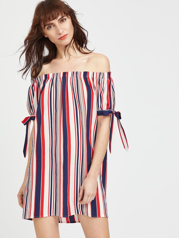 Shein Barcode Stripe Bardot Neckline Tie Sleeve Dress