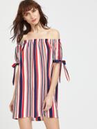 Shein Barcode Stripe Bardot Neckline Tie Sleeve Dress