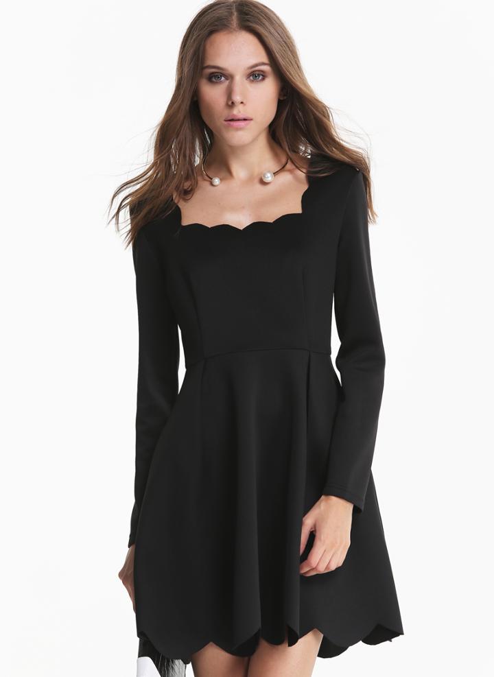 Shein Black Long Sleeve Backless Scalloped Dress