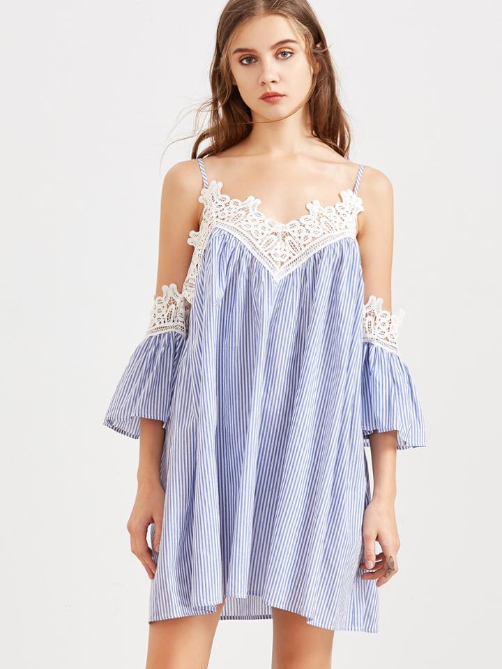 Shein Blue Striped Lace Trim Cold Shoulder Dress