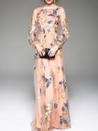 Shein Apricot Gauze Flowers Embroidered Maxi Dress